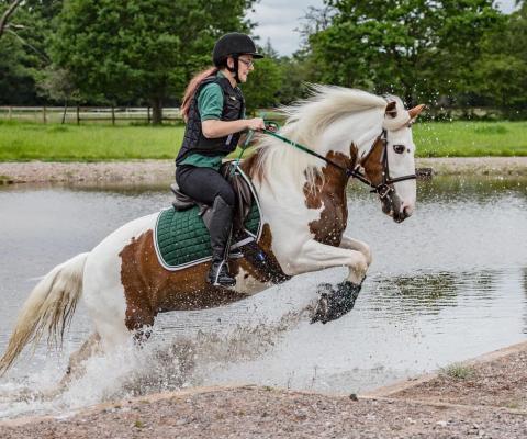 girl riding horse racing though water