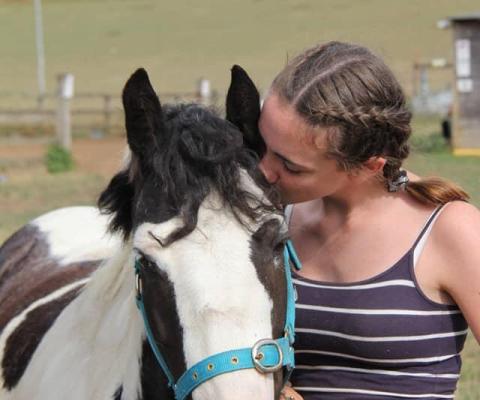 girl kissing horse on cheek